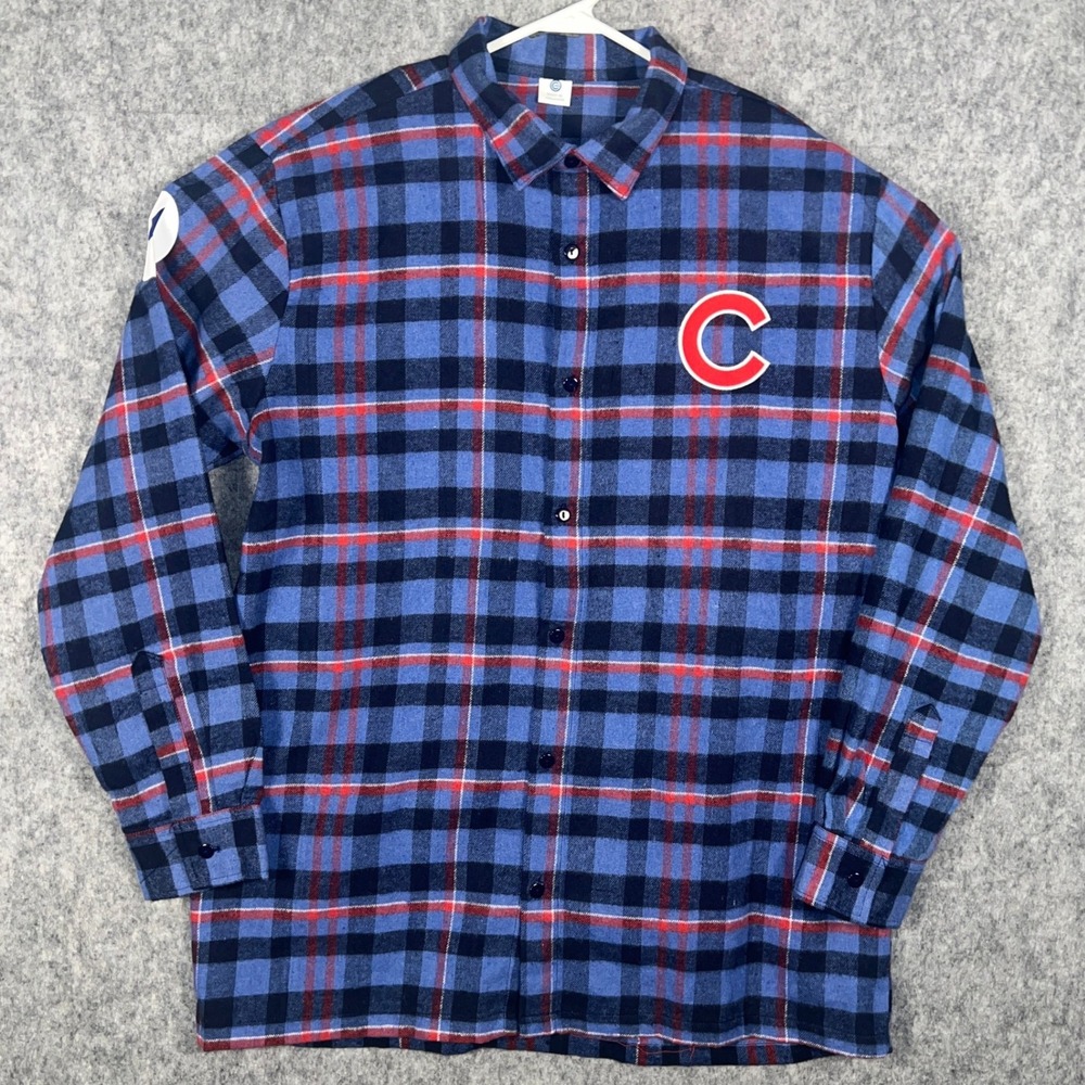 Chicago Cubs MLB Plaid Flannel Button Down Shirt Blue Red Mens XL
